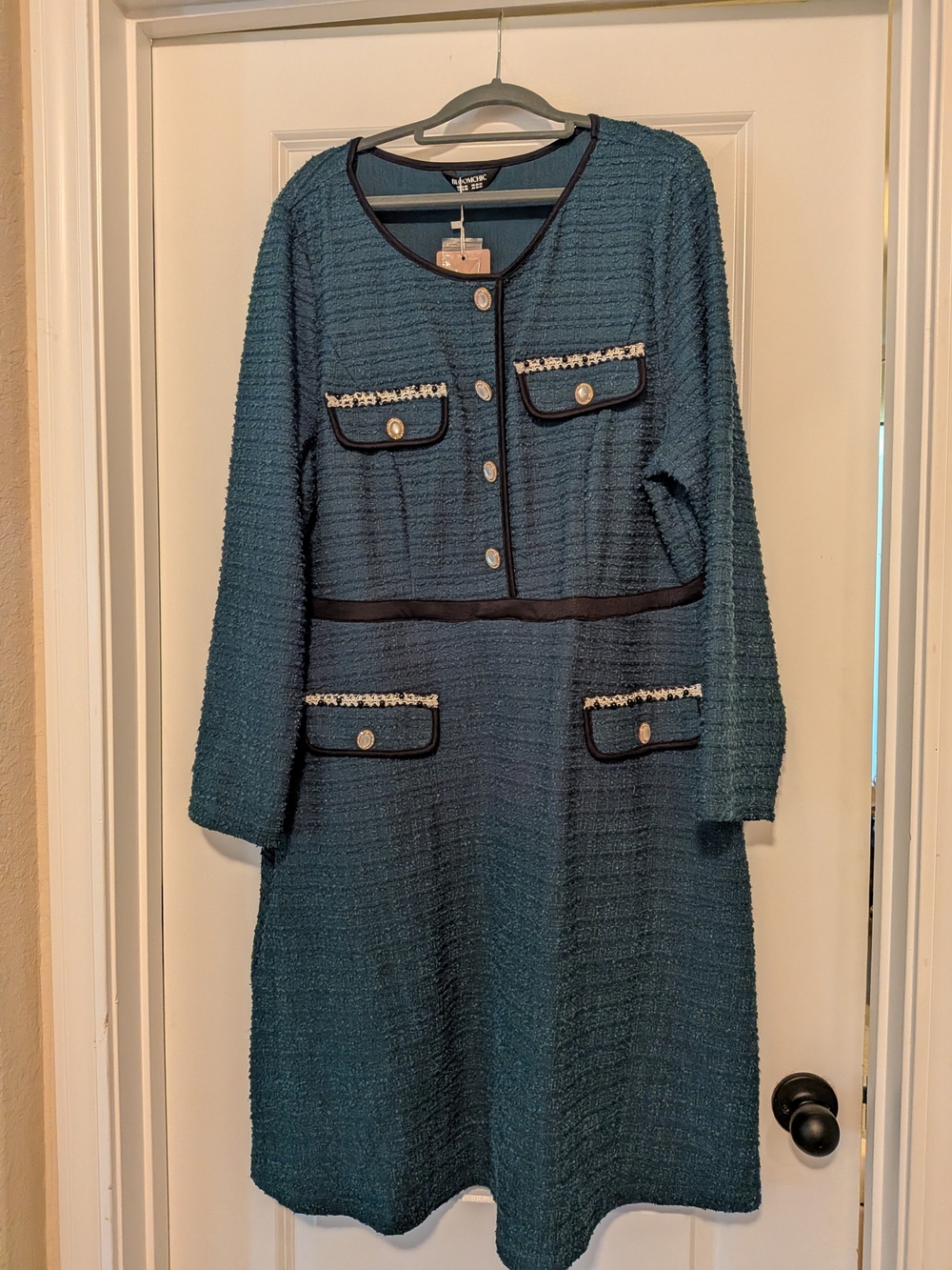 BloomChic Teal Tweed Long Sleeve Button Dress with Black Trim